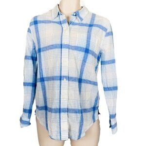 Womens Gap Sz M White & Blue Plaid Linen Blend Long Sleeve Button Up Top